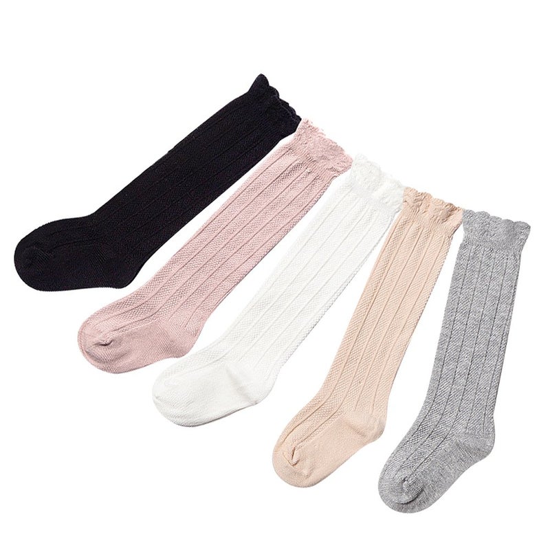 EPEIUS 5 Pair Pack Little Girls Boys Seamless Uniform Knee High Socks Kids Girls Tube Ruffled Stockings for 2-4 Years,White/Black/Grey/Pink/Beige - Image 4